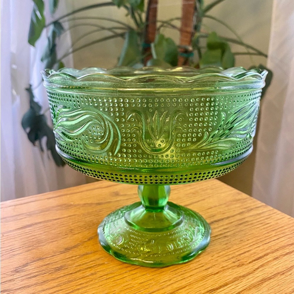 Vintage E.O. Brody Co. Green Glass Compote Dish